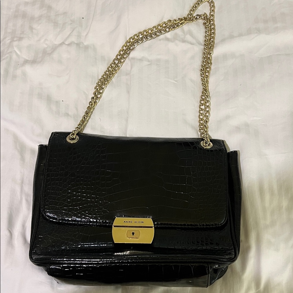 Anne Klein Black Croc Shoulder Bag with Gold Chain